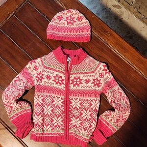 GAP Pink and White Knit Sweater With Hat